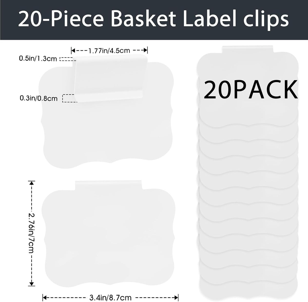 12pcs Black Basket Labels Removable PVC Labels | Clip On for Storage Bins, Removable PVC Labels for Baskets with Holders, 3.5x2.7 Inches