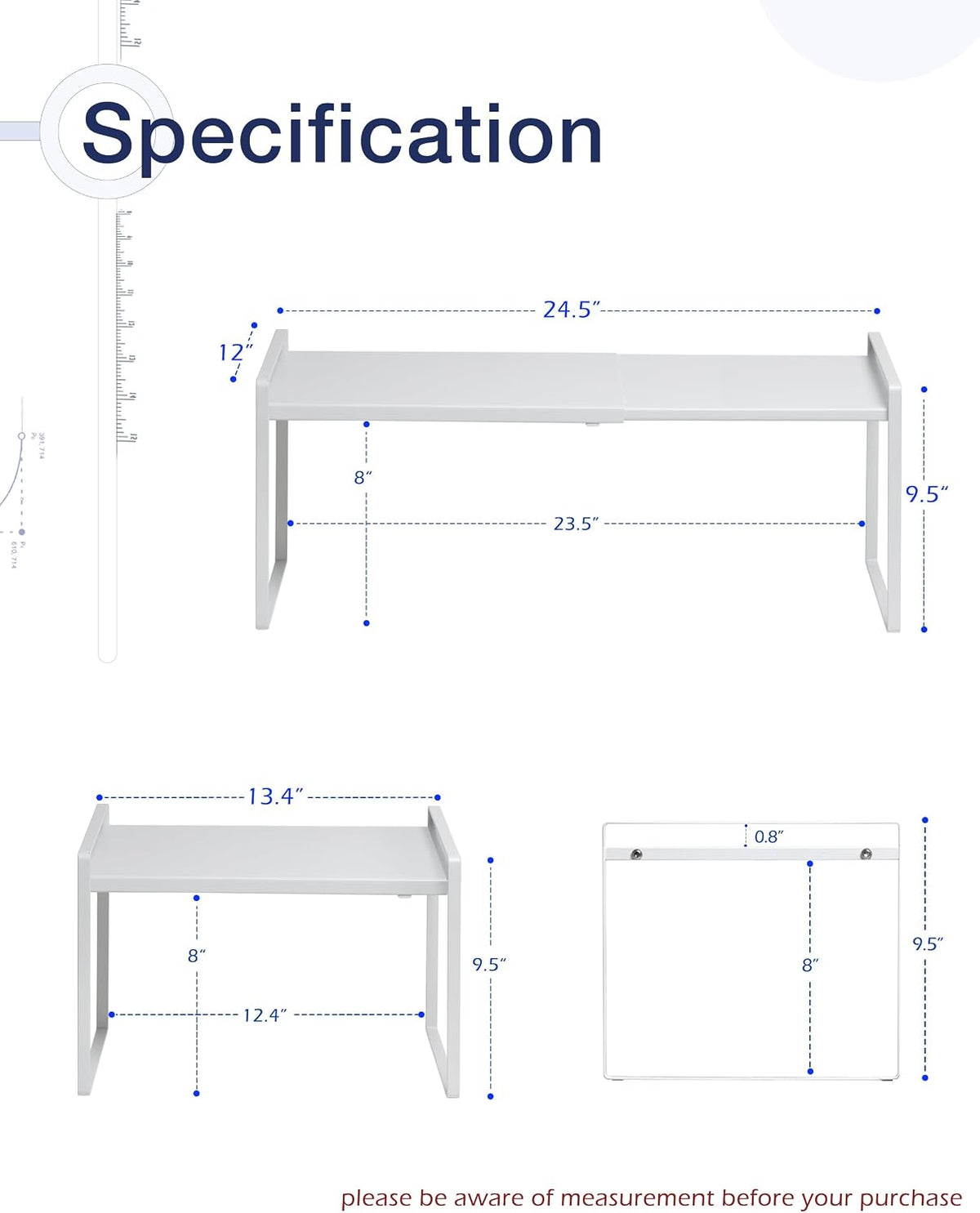 Expandable Shelf for Cabinets, Cabinet Shelf Riser, 12" White