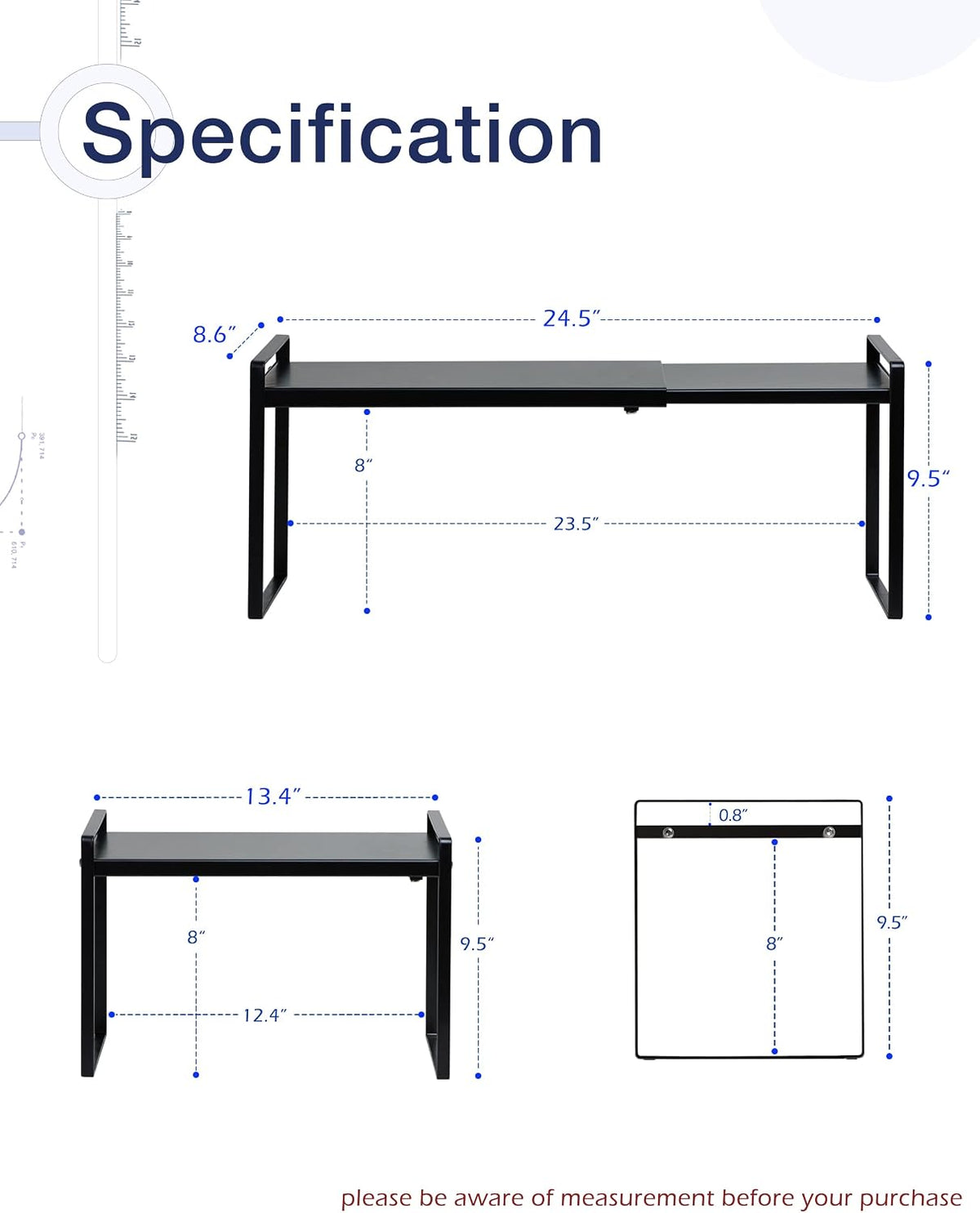 Expandable Shelf for Cabinets, Cabinet Shelf Riser, 12" White