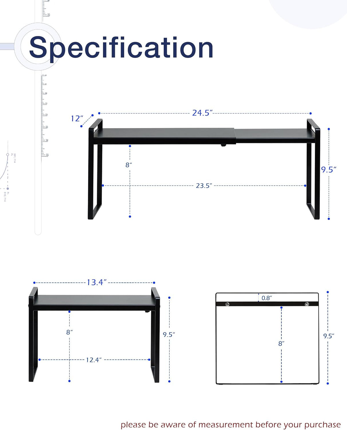 Expandable Shelf for Cabinets, Cabinet Shelf Riser, 12" White