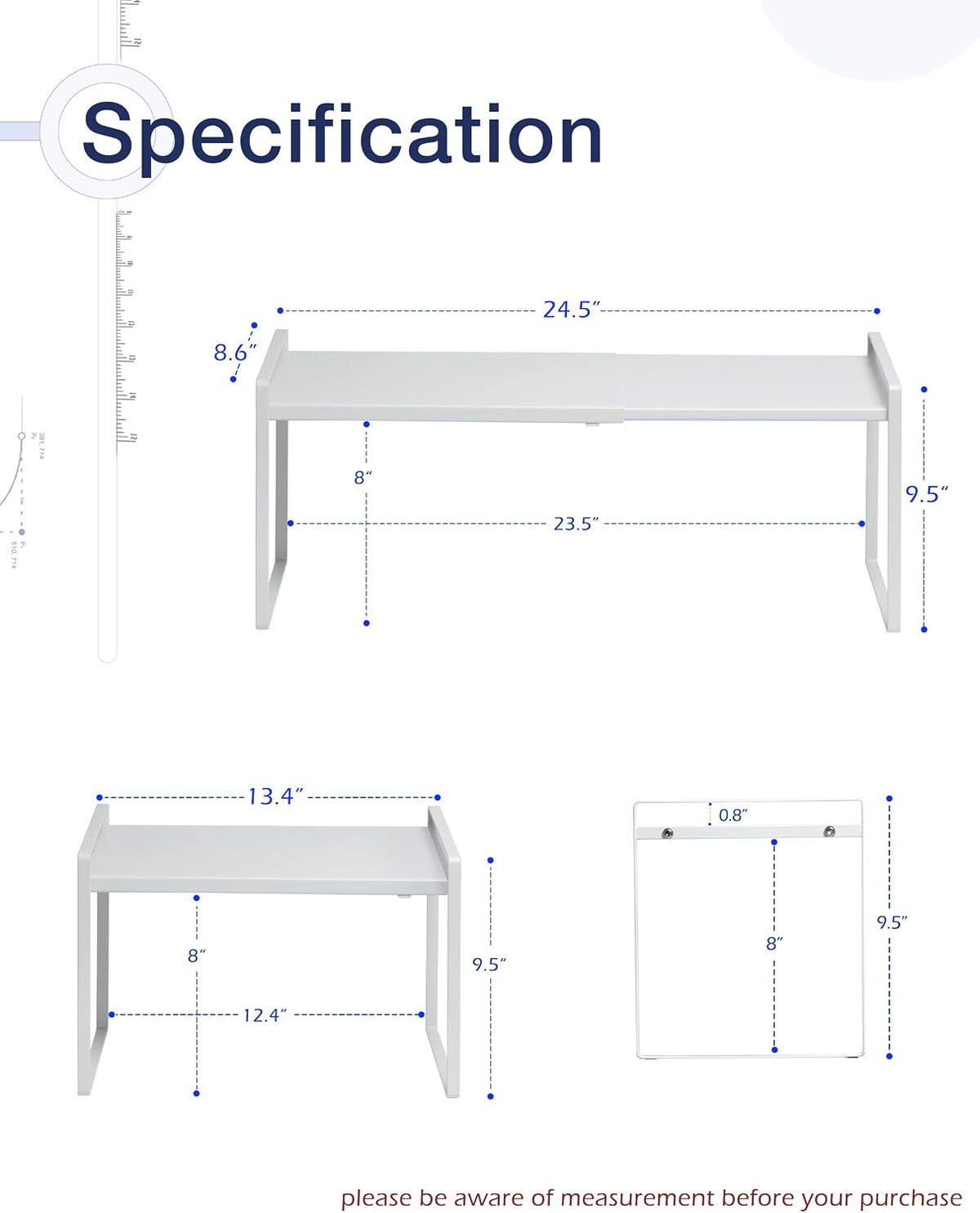Expandable Shelf for Cabinets, Cabinet Shelf Riser, 12" White