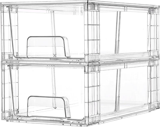 Stackable Clear Drawer with Dividers | Easy Assembly, Stackable Storage, Removable Dividers, Non-Slip Design, For Fridge, Under Sink, Pantry & Bathroom