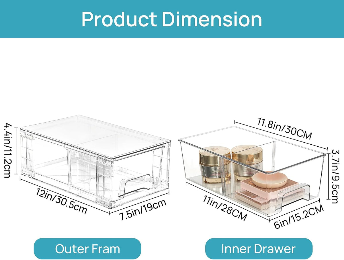 Stackable Clear Drawer with Dividers | Easy Assembly, Stackable Storage, Removable Dividers, Non-Slip Design, For Fridge, Under Sink, Pantry & Bathroom
