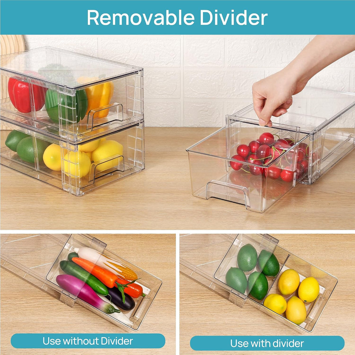 Stackable Clear Drawer with Dividers | Easy Assembly, Stackable Storage, Removable Dividers, Non-Slip Design, For Fridge, Under Sink, Pantry & Bathroom