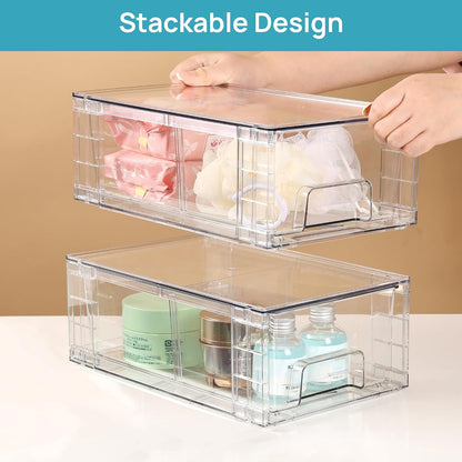 Stackable Clear Drawer with Dividers | Easy Assembly, Stackable Storage, Removable Dividers, Non-Slip Design, For Fridge, Under Sink, Pantry & Bathroom