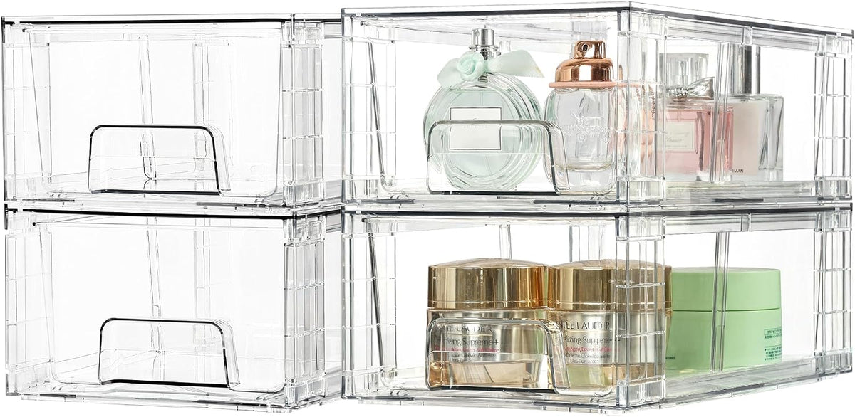 Stackable Clear Drawer with Dividers | Easy Assembly, Stackable Storage, Removable Dividers, Non-Slip Design, For Fridge, Under Sink, Pantry & Bathroom