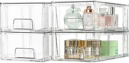 Stackable Clear Drawer with Dividers | Easy Assembly, Stackable Storage, Removable Dividers, Non-Slip Design, For Fridge, Under Sink, Pantry & Bathroom