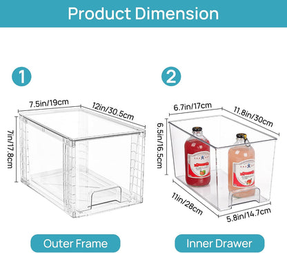 Stackable Clear Drawer with Dividers | Easy Assembly, Stackable Storage, Removable Dividers, Non-Slip Design, For Fridge, Under Sink, Pantry & Bathroom