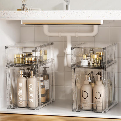 Stackable Clear Drawer with Dividers | Easy Assembly, Stackable Storage, Removable Dividers, Non-Slip Design, For Fridge, Under Sink, Pantry & Bathroom