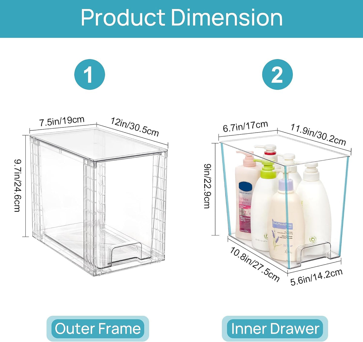 Stackable Clear Drawer with Dividers | Easy Assembly, Stackable Storage, Removable Dividers, Non-Slip Design, For Fridge, Under Sink, Pantry & Bathroom