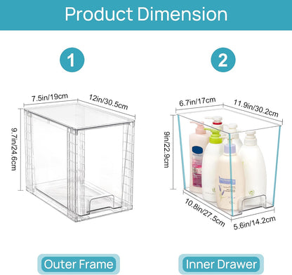 Stackable Clear Drawer with Dividers | Easy Assembly, Stackable Storage, Removable Dividers, Non-Slip Design, For Fridge, Under Sink, Pantry & Bathroom
