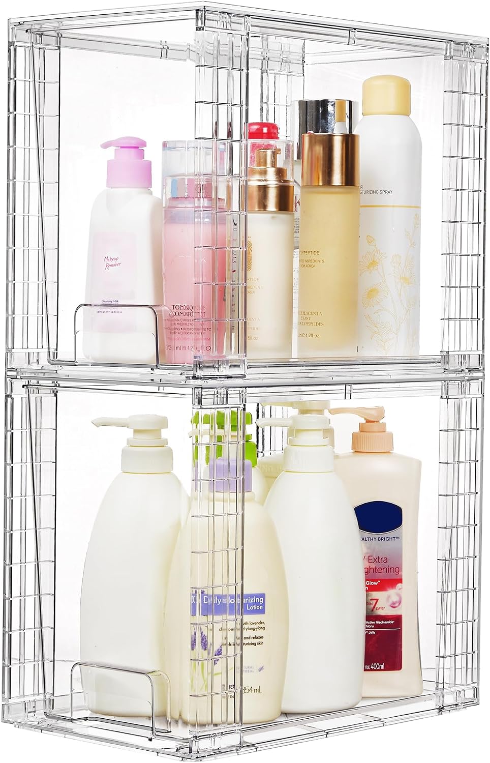Stackable Clear Drawer with Dividers | Easy Assembly, Stackable Storage, Removable Dividers, Non-Slip Design, For Fridge, Under Sink, Pantry & Bathroom