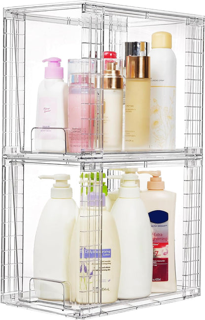 Stackable Clear Drawer with Dividers | Easy Assembly, Stackable Storage, Removable Dividers, Non-Slip Design, For Fridge, Under Sink, Pantry & Bathroom