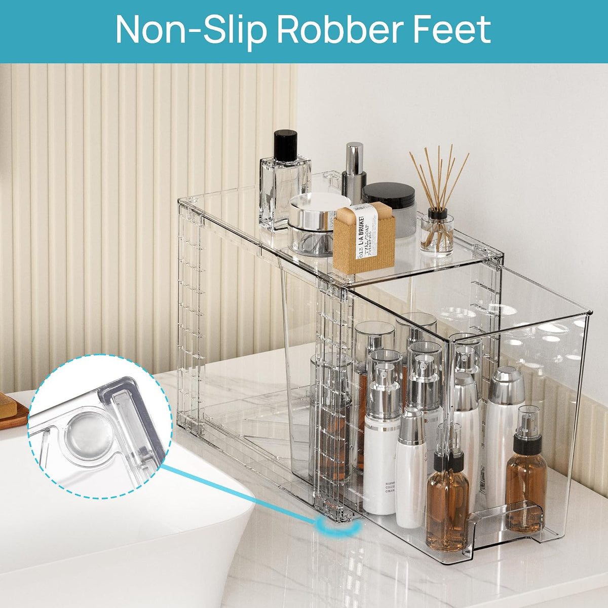 Stackable Clear Drawer with Dividers | Easy Assembly, Stackable Storage, Removable Dividers, Non-Slip Design, For Fridge, Under Sink, Pantry & Bathroom