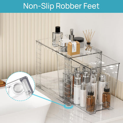Stackable Clear Drawer with Dividers | Easy Assembly, Stackable Storage, Removable Dividers, Non-Slip Design, For Fridge, Under Sink, Pantry & Bathroom