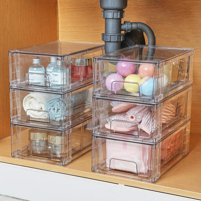 Stackable Clear Drawer with Dividers | Easy Assembly, Stackable Storage, Removable Dividers, Non-Slip Design, For Fridge, Under Sink, Pantry & Bathroom