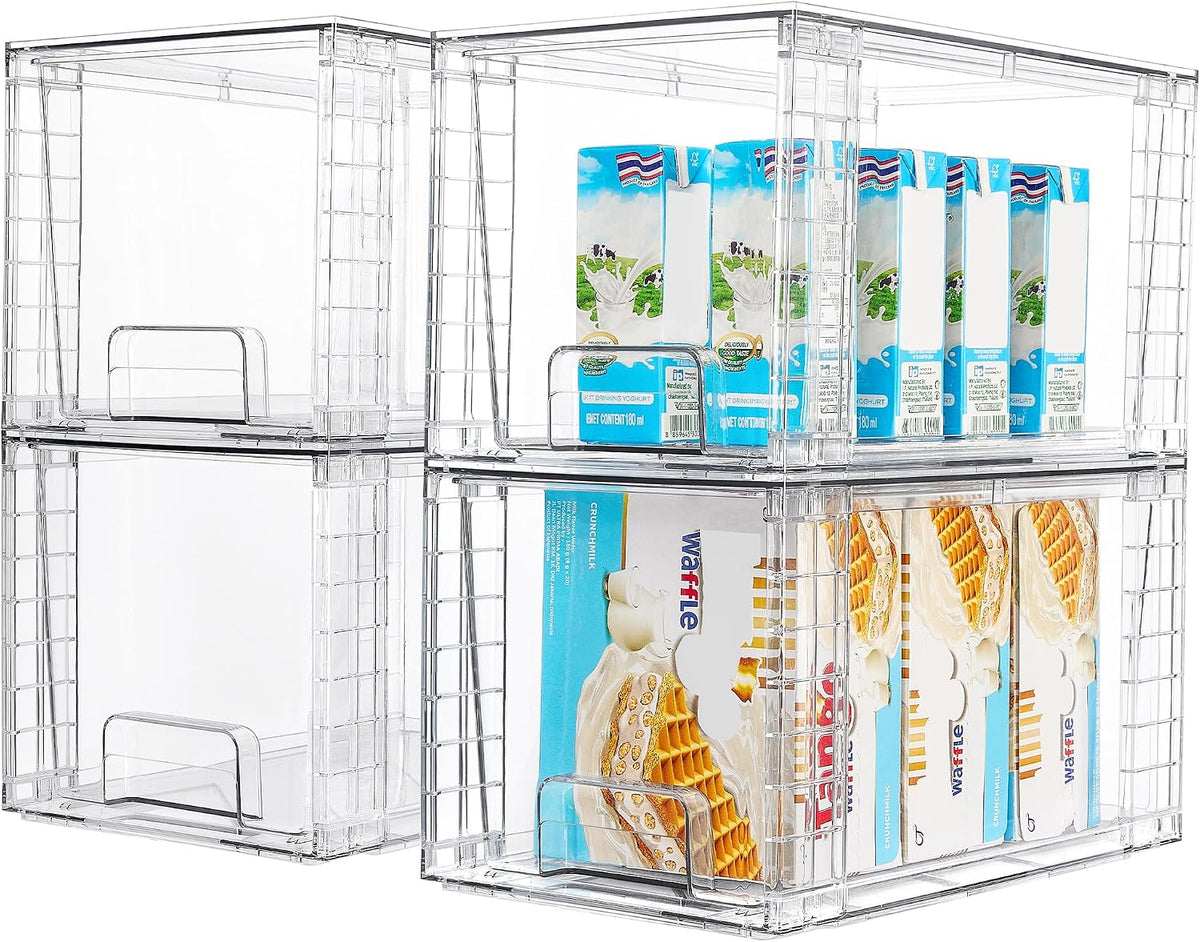 Stackable Clear Drawer with Dividers | Easy Assembly, Stackable Storage, Removable Dividers, Non-Slip Design, For Fridge, Under Sink, Pantry & Bathroom
