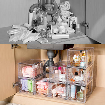 Stackable Clear Drawer with Dividers | Easy Assembly, Stackable Storage, Removable Dividers, Non-Slip Design, For Fridge, Under Sink, Pantry & Bathroom
