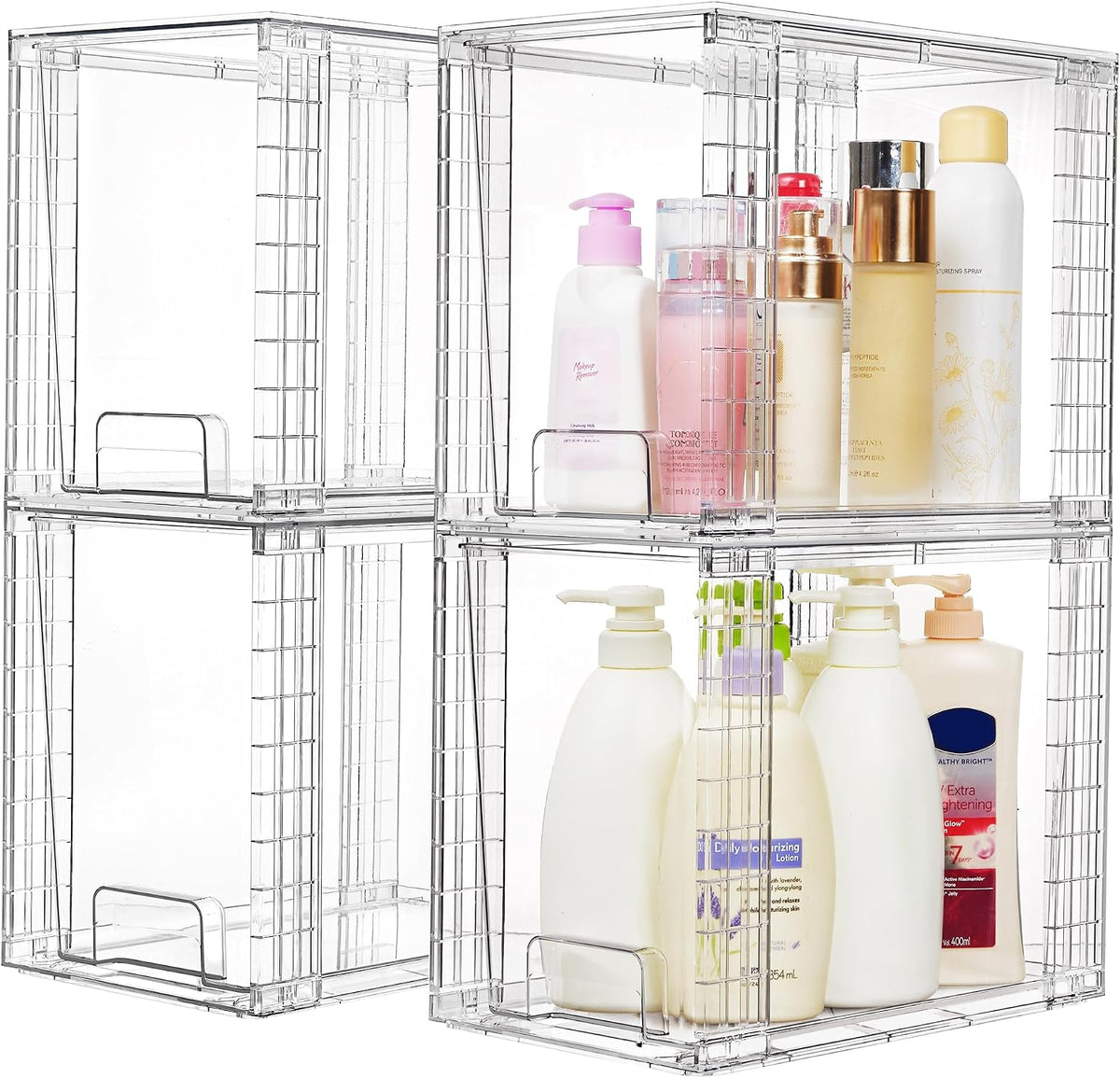 Stackable Clear Drawer with Dividers | Easy Assembly, Stackable Storage, Removable Dividers, Non-Slip Design, For Fridge, Under Sink, Pantry & Bathroom