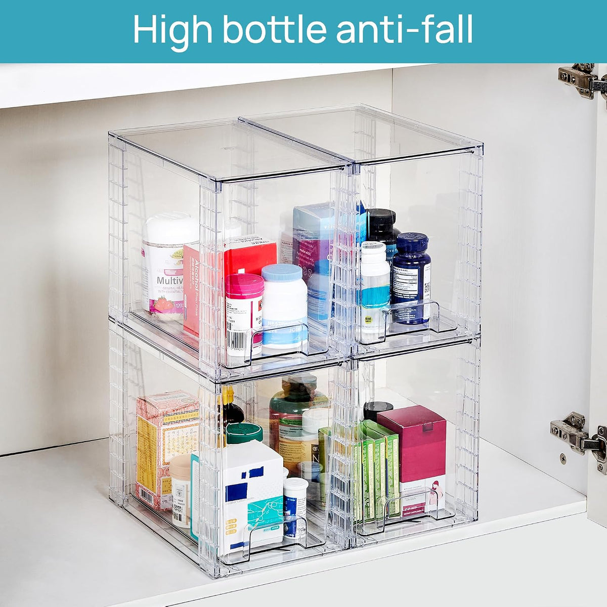 Stackable Clear Drawer with Dividers | Easy Assembly, Stackable Storage, Removable Dividers, Non-Slip Design, For Fridge, Under Sink, Pantry & Bathroom