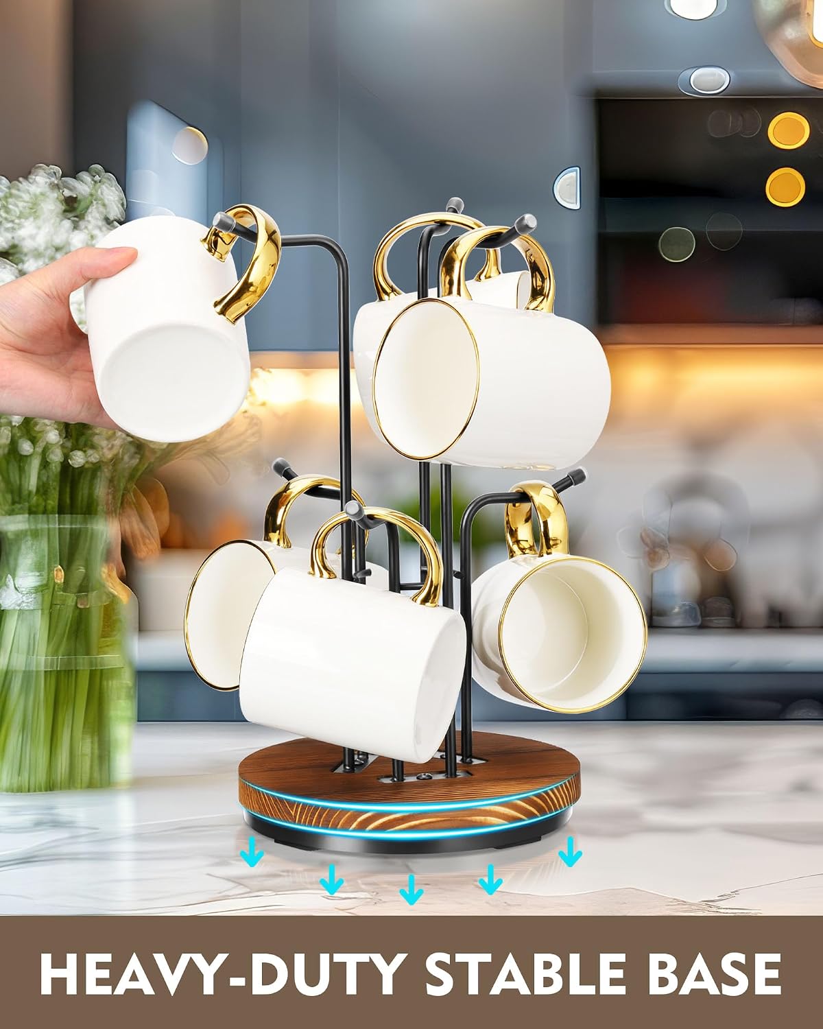 360° Rotating Mug Tree, Coffee Mug Holder for Large Cups, 6 Hooks