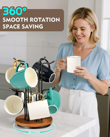 360° Rotating Mug Tree, Coffee Mug Holder for Large Cups, 6 Hooks