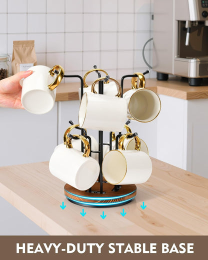360° Rotating Mug Tree, Coffee Mug Holder for Large Cups, 6 Hooks