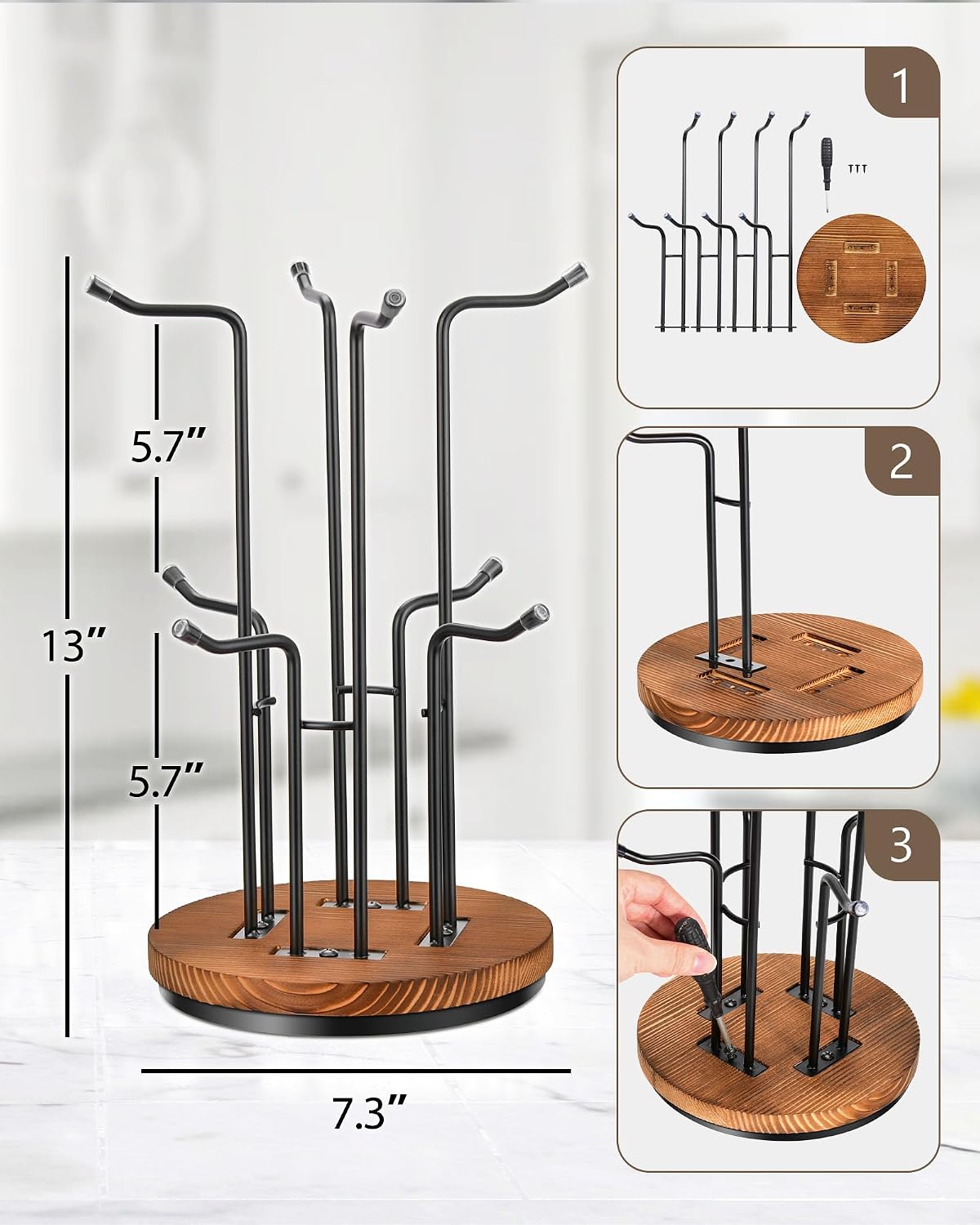 360° Rotating Mug Tree, Coffee Mug Holder for Large Cups, 6 Hooks