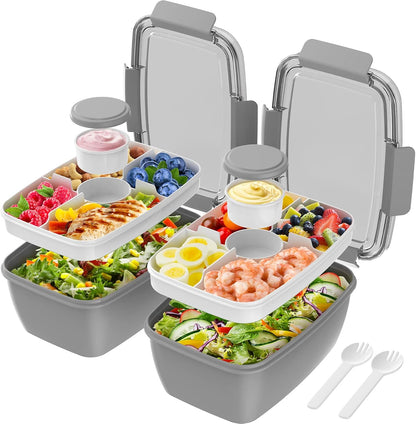 2Pack Salad Lunch Container, 68oz Salad Bowls with 4 Compartments Tray,Leak Proof Lunch Box with Fork for Men,Women BPA-Free Snack Container with Sauce Container for Dressings-Grey