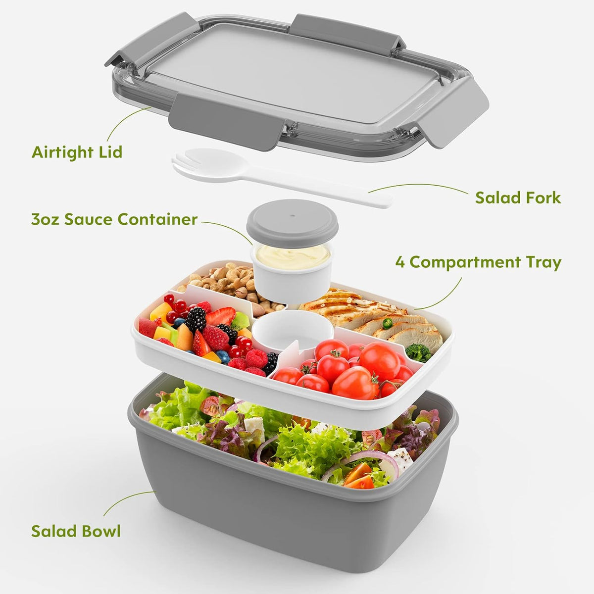 2Pack Salad Lunch Container, 68oz Salad Bowls with 4 Compartments Tray,Leak Proof Lunch Box with Fork for Men,Women BPA-Free Snack Container with Sauce Container for Dressings-Grey
