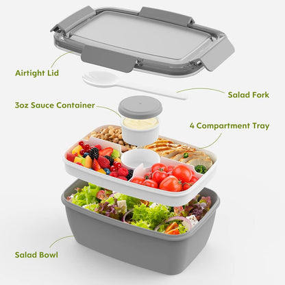 2Pack Salad Lunch Container, 68oz Salad Bowls with 4 Compartments Tray,Leak Proof Lunch Box with Fork for Men,Women BPA-Free Snack Container with Sauce Container for Dressings-Grey