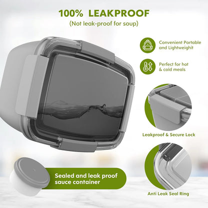2Pack Salad Lunch Container, 68oz Salad Bowls with 4 Compartments Tray,Leak Proof Lunch Box with Fork for Men,Women BPA-Free Snack Container with Sauce Container for Dressings-Grey