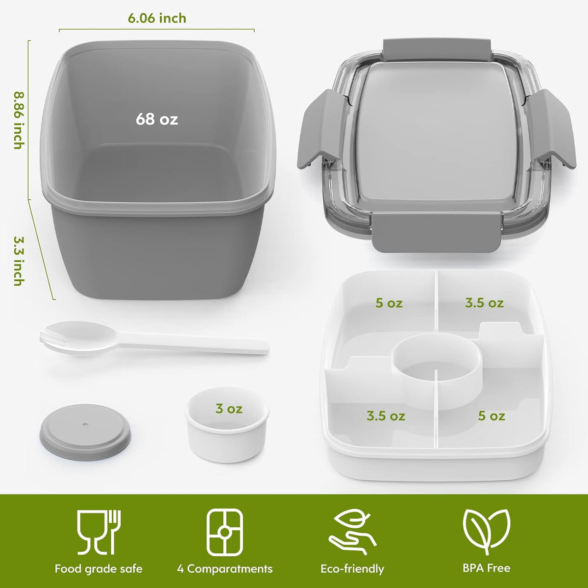 2Pack Salad Lunch Container, 68oz Salad Bowls with 4 Compartments Tray,Leak Proof Lunch Box with Fork for Men,Women BPA-Free Snack Container with Sauce Container for Dressings-Grey