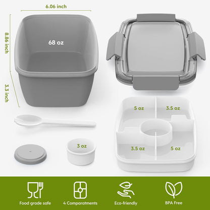 2Pack Salad Lunch Container, 68oz Salad Bowls with 4 Compartments Tray,Leak Proof Lunch Box with Fork for Men,Women BPA-Free Snack Container with Sauce Container for Dressings-Grey