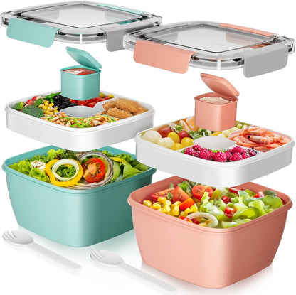 2Pack Salad Lunch Container, 68oz Salad Bowls with 4 Compartments Tray,Leak Proof Lunch Box with Fork for Men,Women BPA-Free Snack Container with Sauce Container for Dressings-Grey