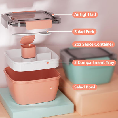 2Pack Salad Lunch Container, 68oz Salad Bowls with 4 Compartments Tray,Leak Proof Lunch Box with Fork for Men,Women BPA-Free Snack Container with Sauce Container for Dressings-Grey