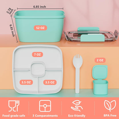 2Pack Salad Lunch Container, 68oz Salad Bowls with 4 Compartments Tray,Leak Proof Lunch Box with Fork for Men,Women BPA-Free Snack Container with Sauce Container for Dressings-Grey