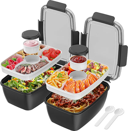 2Pack Salad Lunch Container, 68oz Salad Bowls with 4 Compartments Tray,Leak Proof Lunch Box with Fork for Men,Women BPA-Free Snack Container with Sauce Container for Dressings-Grey