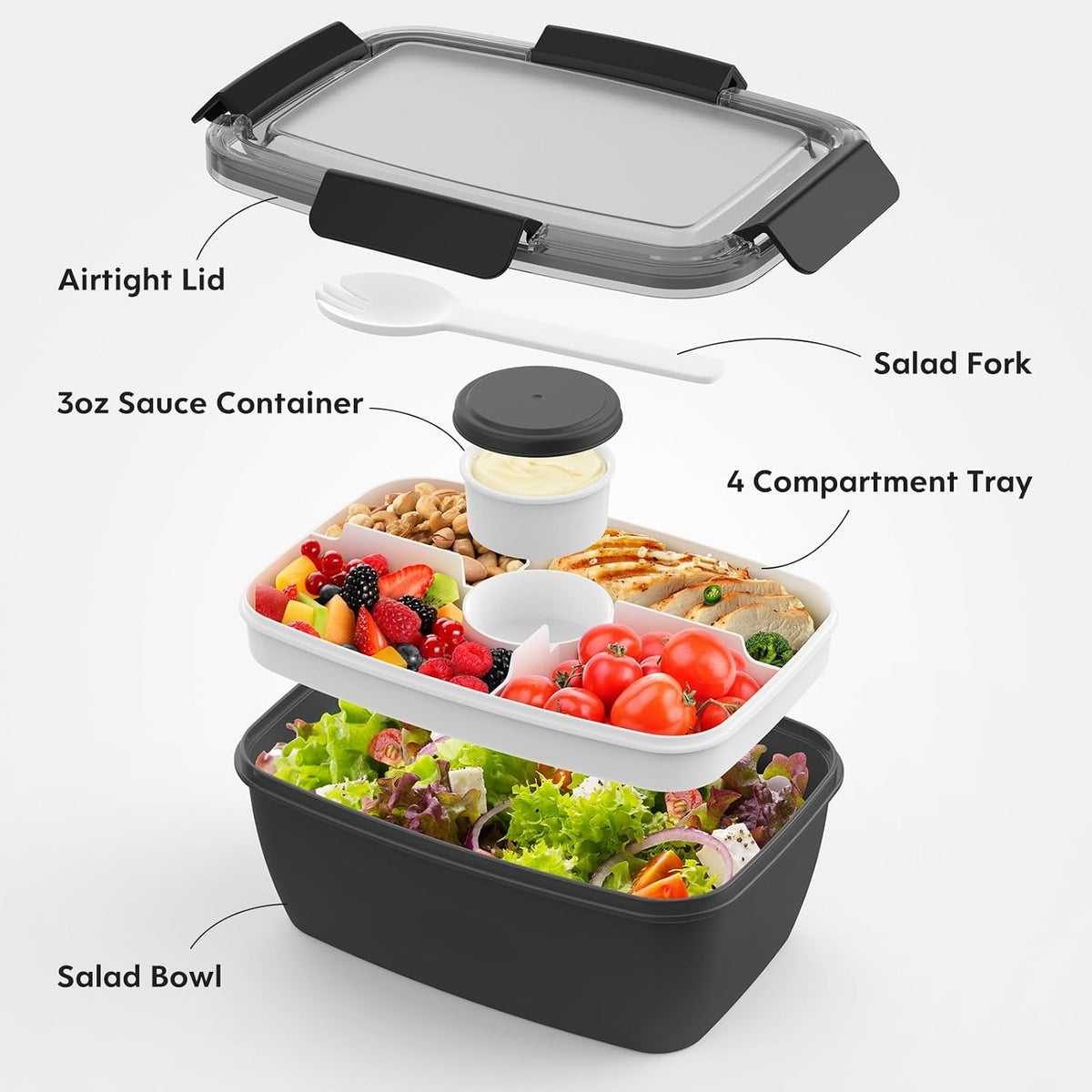 2Pack Salad Lunch Container, 68oz Salad Bowls with 4 Compartments Tray,Leak Proof Lunch Box with Fork for Men,Women BPA-Free Snack Container with Sauce Container for Dressings-Grey