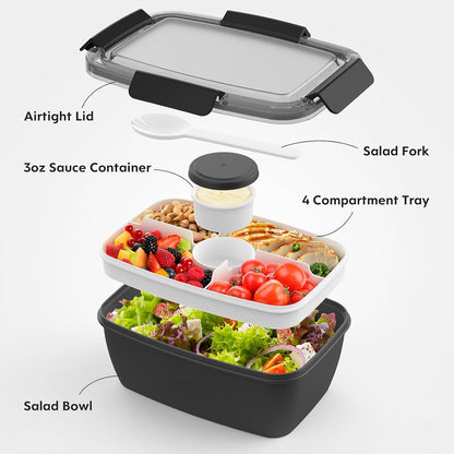 2Pack Salad Lunch Container, 68oz Salad Bowls with 4 Compartments Tray,Leak Proof Lunch Box with Fork for Men,Women BPA-Free Snack Container with Sauce Container for Dressings-Grey