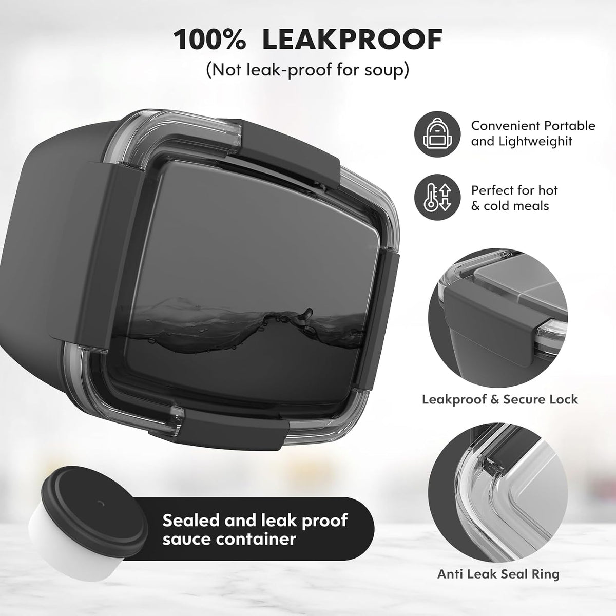 2Pack Salad Lunch Container, 68oz Salad Bowls with 4 Compartments Tray,Leak Proof Lunch Box with Fork for Men,Women BPA-Free Snack Container with Sauce Container for Dressings-Grey