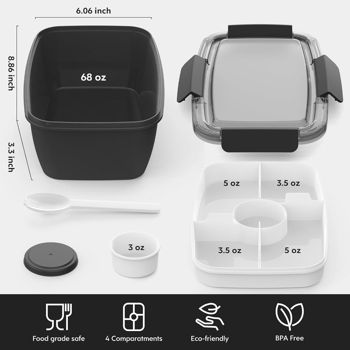 2Pack Salad Lunch Container, 68oz Salad Bowls with 4 Compartments Tray,Leak Proof Lunch Box with Fork for Men,Women BPA-Free Snack Container with Sauce Container for Dressings-Grey
