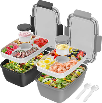 2Pack Salad Lunch Container, 68oz Salad Bowls with 4 Compartments Tray,Leak Proof Lunch Box with Fork for Men,Women BPA-Free Snack Container with Sauce Container for Dressings-Grey