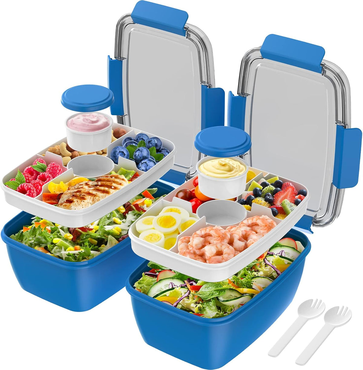 2Pack Salad Lunch Container, 68oz Salad Bowls with 4 Compartments Tray,Leak Proof Lunch Box with Fork for Men,Women BPA-Free Snack Container with Sauce Container for Dressings-Grey