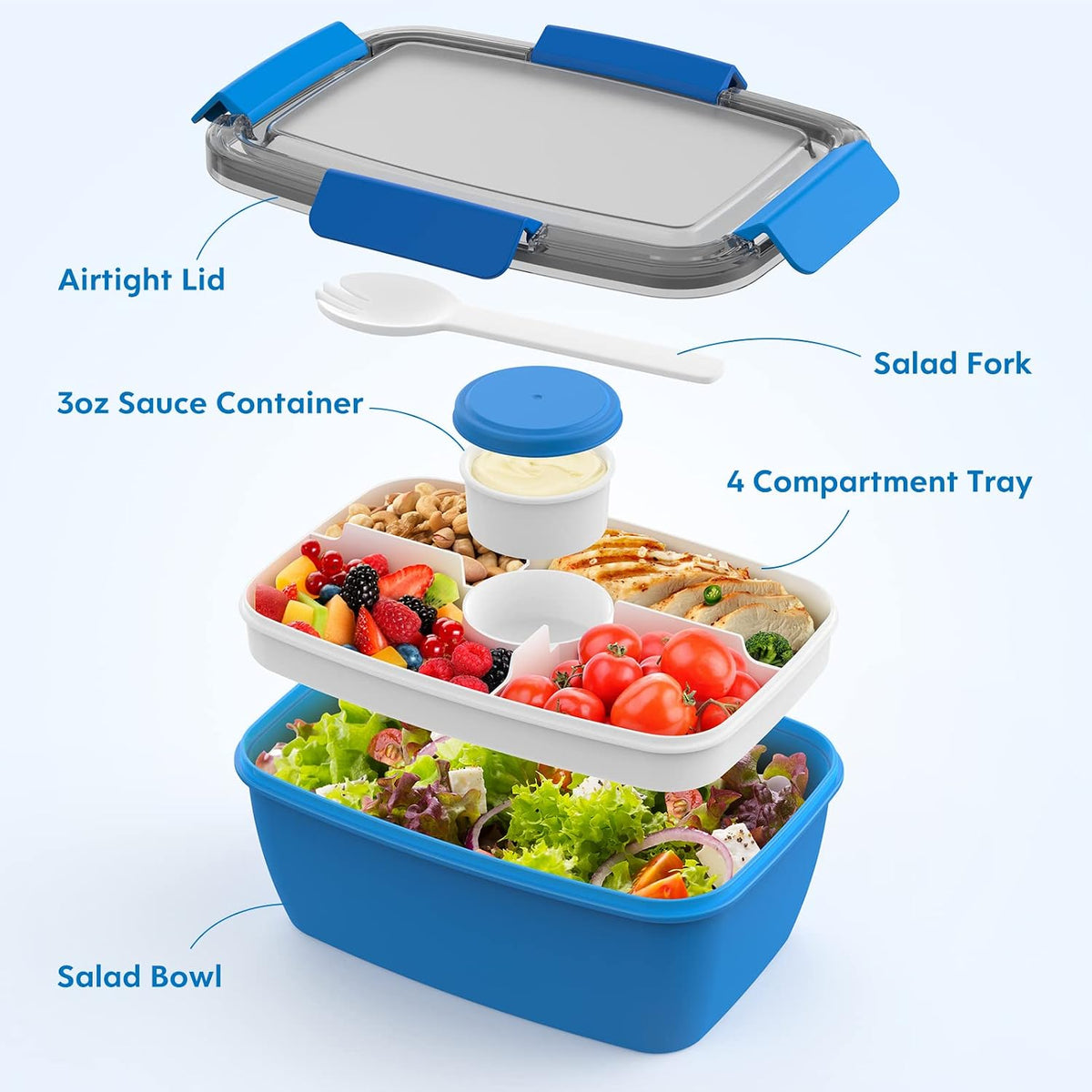 2Pack Salad Lunch Container, 68oz Salad Bowls with 4 Compartments Tray,Leak Proof Lunch Box with Fork for Men,Women BPA-Free Snack Container with Sauce Container for Dressings-Grey