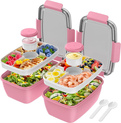 2Pack Salad Lunch Container, 68oz Salad Bowls with 4 Compartments Tray,Leak Proof Lunch Box with Fork for Men,Women BPA-Free Snack Container with Sauce Container for Dressings-Grey