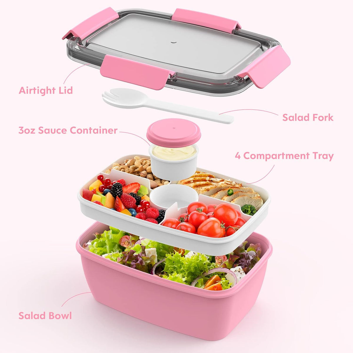 2Pack Salad Lunch Container, 68oz Salad Bowls with 4 Compartments Tray,Leak Proof Lunch Box with Fork for Men,Women BPA-Free Snack Container with Sauce Container for Dressings-Grey