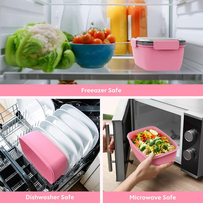 2Pack Salad Lunch Container, 68oz Salad Bowls with 4 Compartments Tray,Leak Proof Lunch Box with Fork for Men,Women BPA-Free Snack Container with Sauce Container for Dressings-Grey