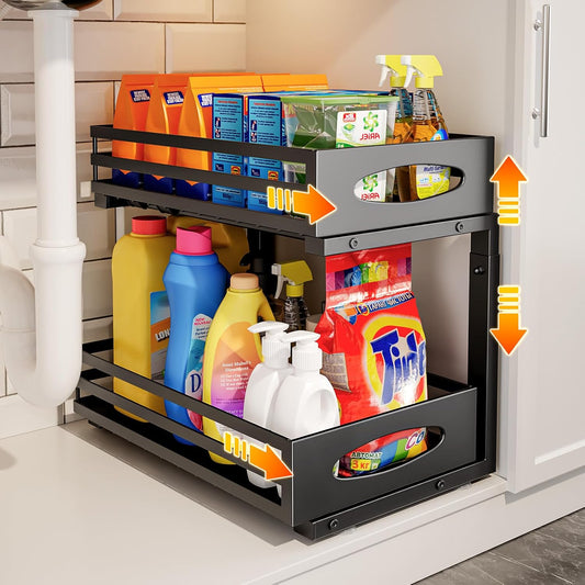 Under Sink Organizer, 2 Tier Under Sink Organizers and Storage, Adjustable Height, Slide out Metal Cabinet Organizers, Pull out Cabinet Storage Drawer Shelf for Kitchen Bathroom (White, 1 Pack)