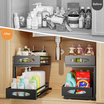 Under Sink Organizer, 2 Tier Under Sink Organizers and Storage, Adjustable Height, Slide out Metal Cabinet Organizers, Pull out Cabinet Storage Drawer Shelf for Kitchen Bathroom (White, 1 Pack)
